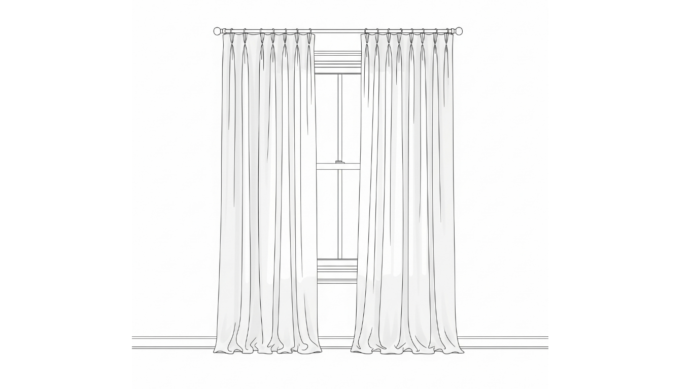 Line drawing of a window with pinch pleated curtains on a white background