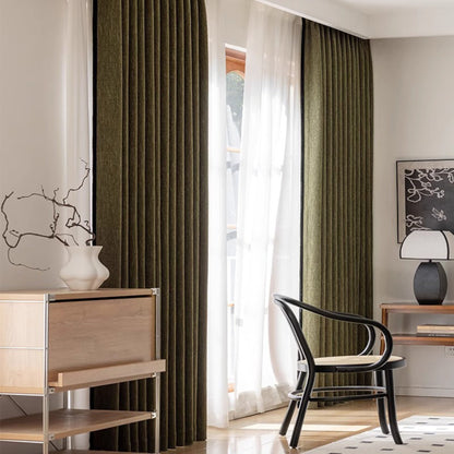 Modern olive green room darkening curtains for your living room, creating a cozy atmosphere.