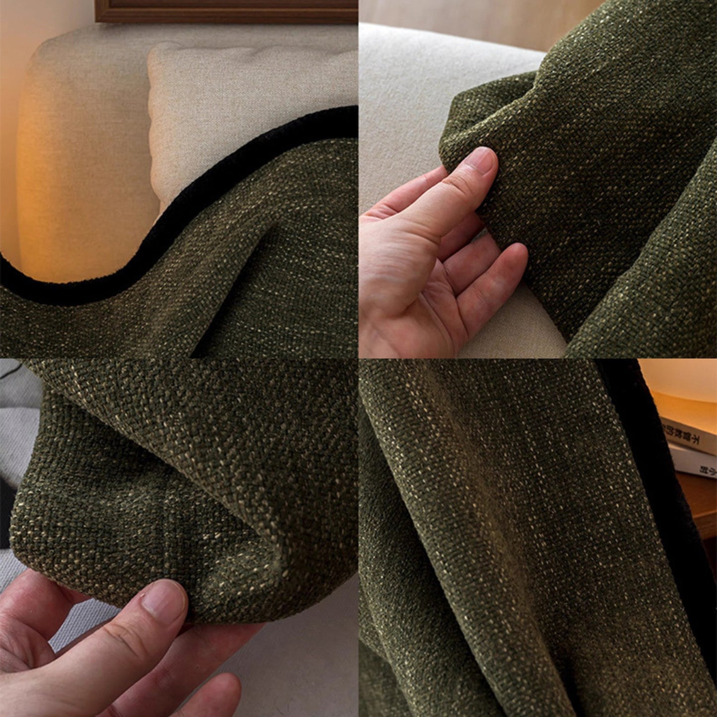 Close-up of stylish olive green living room curtains, perfect for light control and privacy