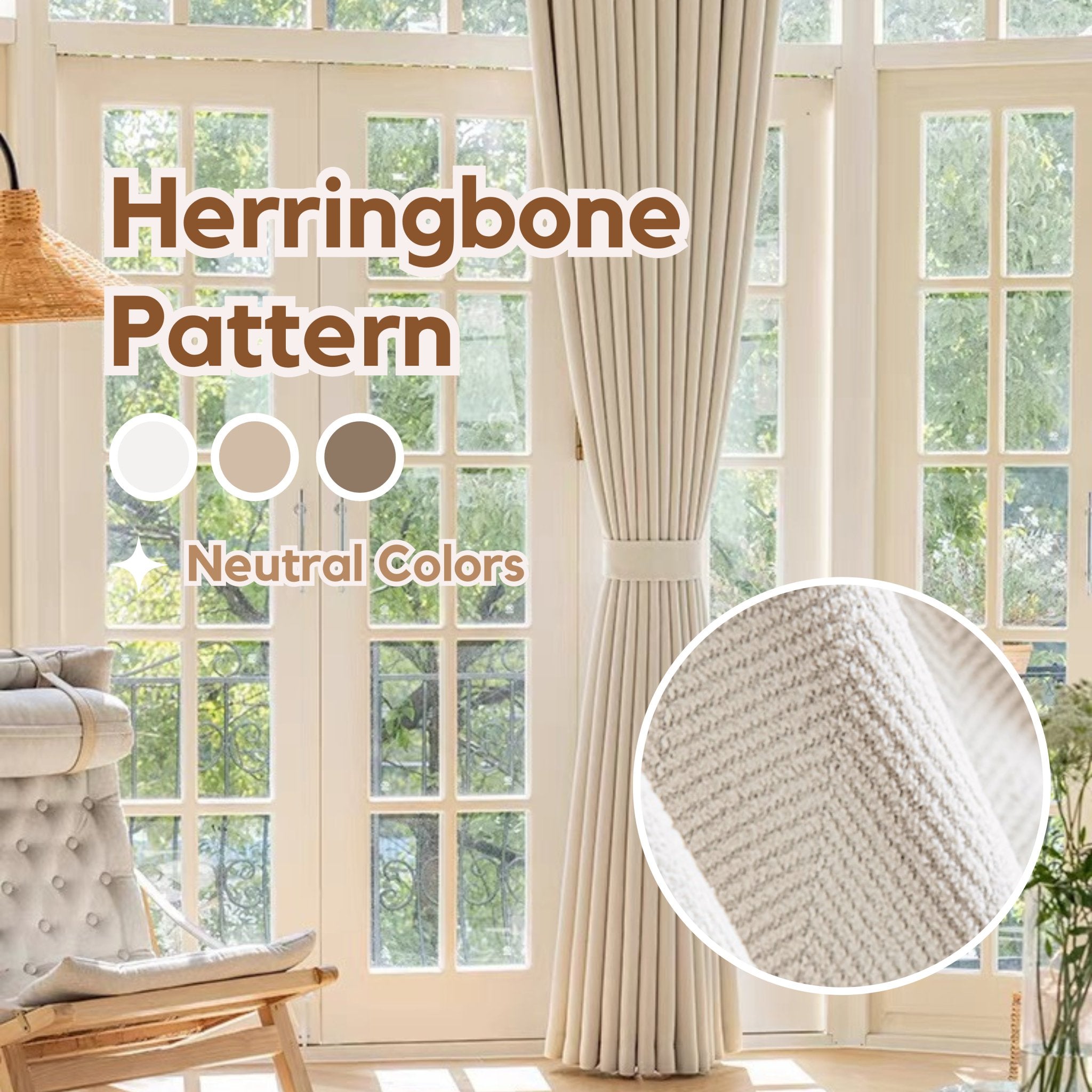 A set of cream herringbone pattern room darkening curtains installed on a window, with a inset showing a close-up of the fabric texture.