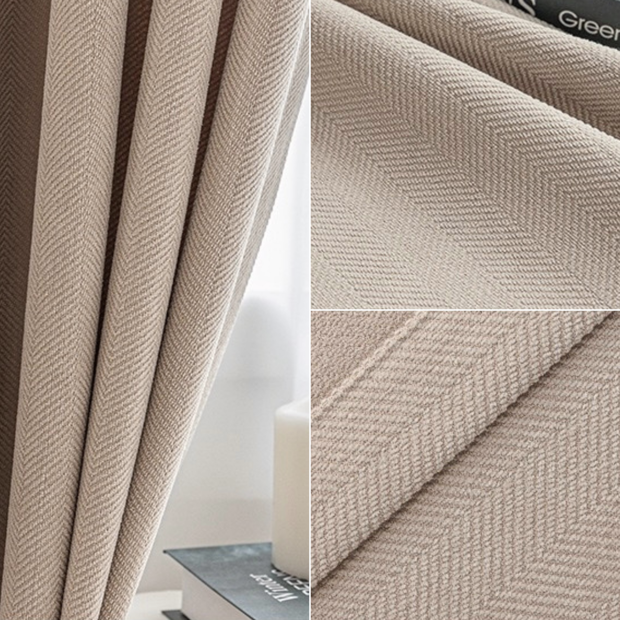 Textured fabric with herringbone pattern in neutral tones.