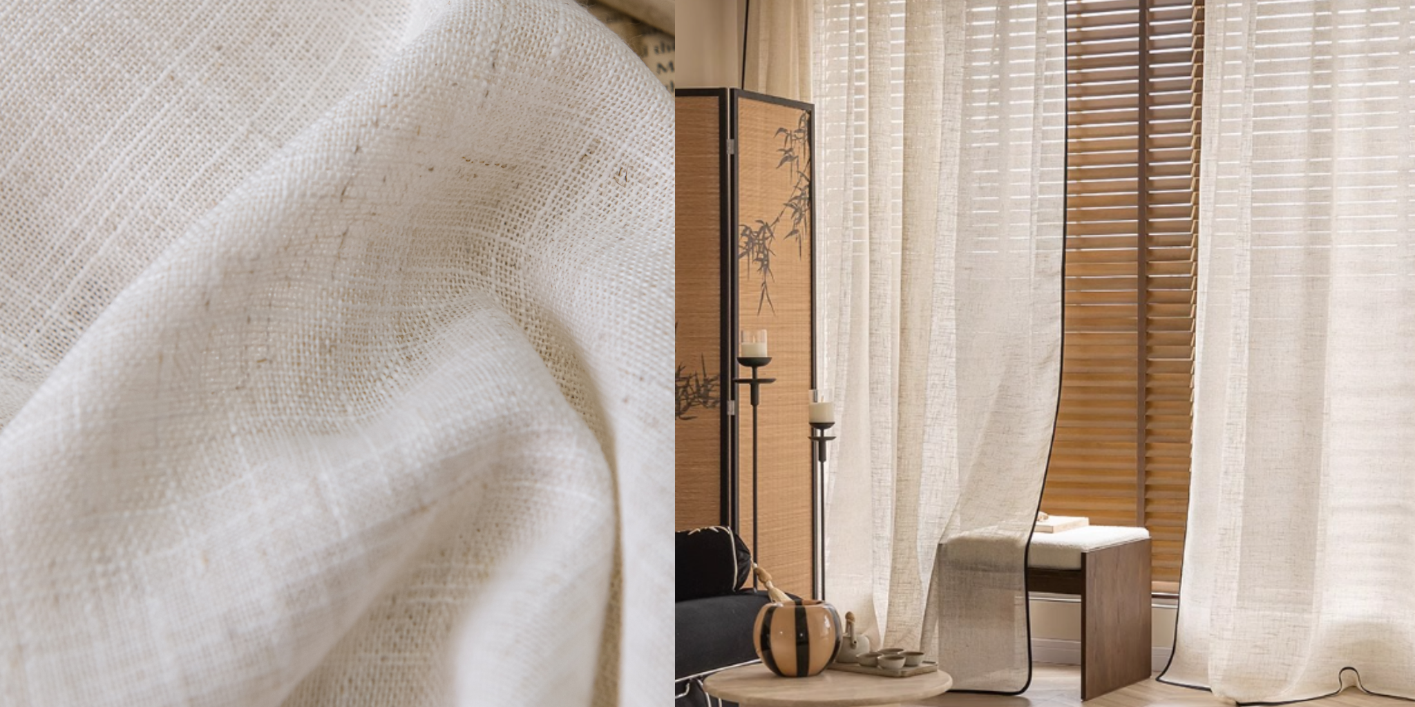 Textured linen curtains with black trim in a wooden interior setting featuring a table and chairs.
