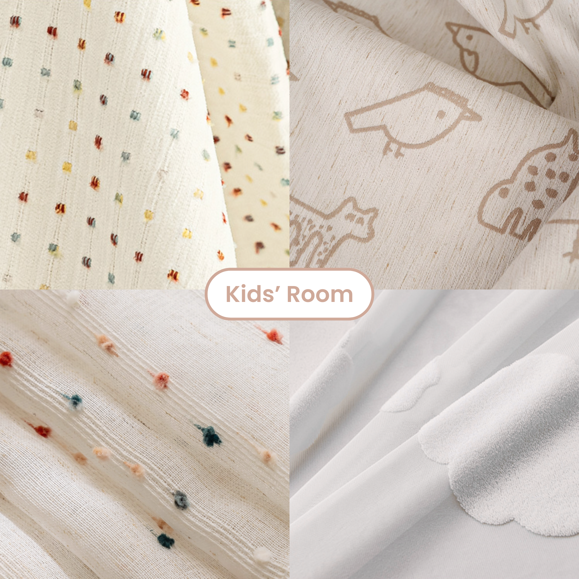 Fabric swatches with different patterns and textures, labeled 'Kids' Room'.