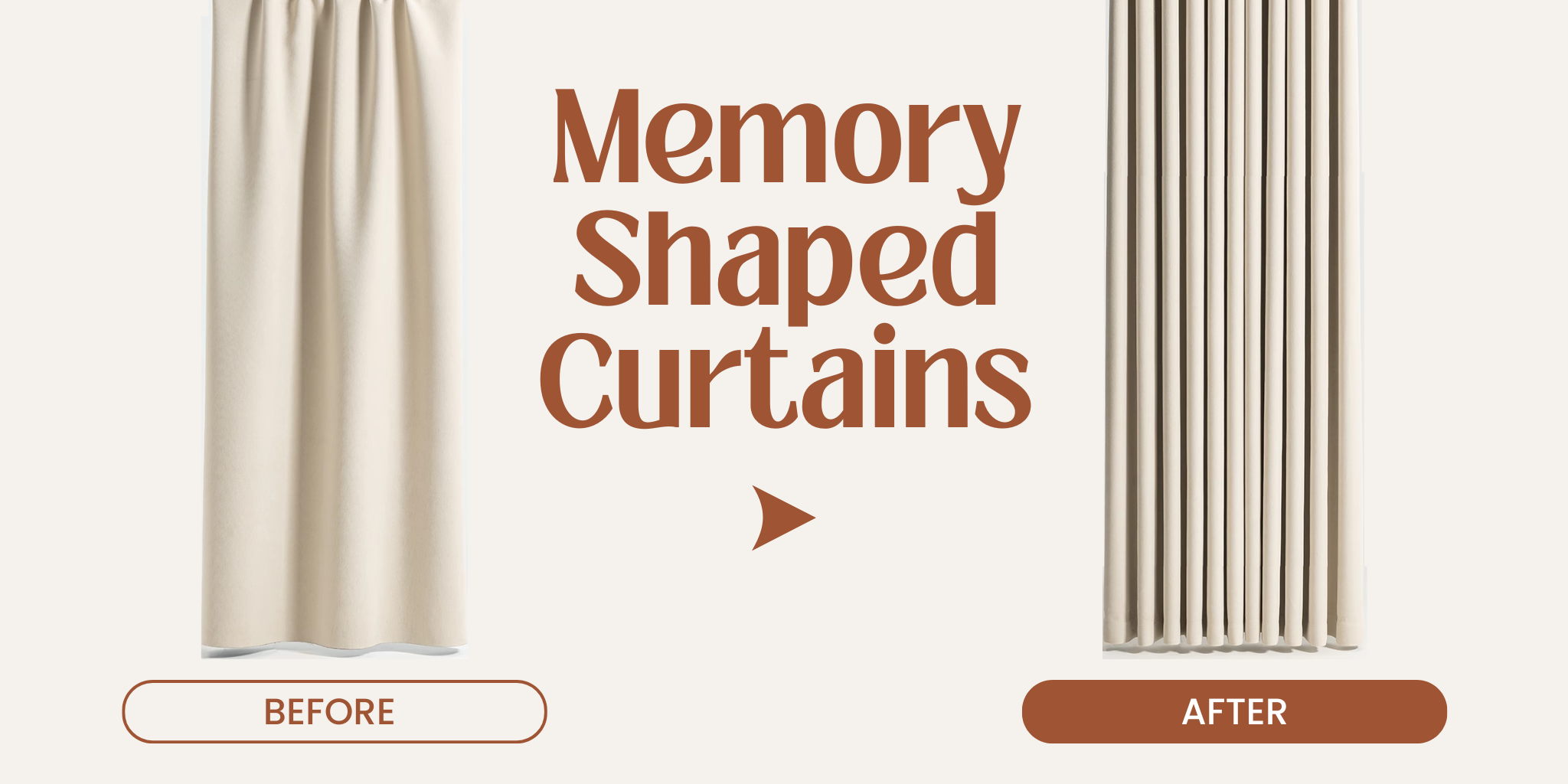 Before and after comparison of memory shaped curtains on a beige background.