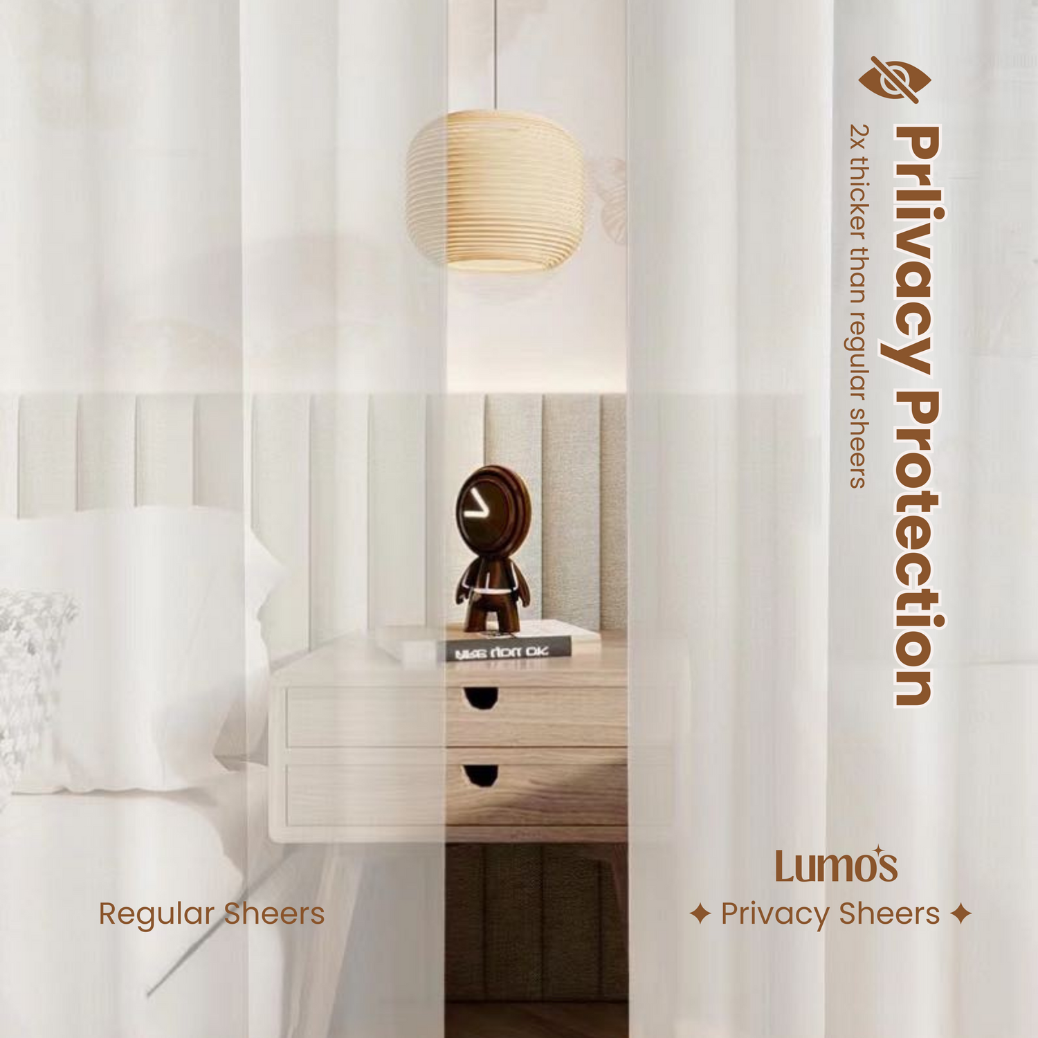 a comparison between regular sheers and Lumos Semi Sheer Privacy Sheers.