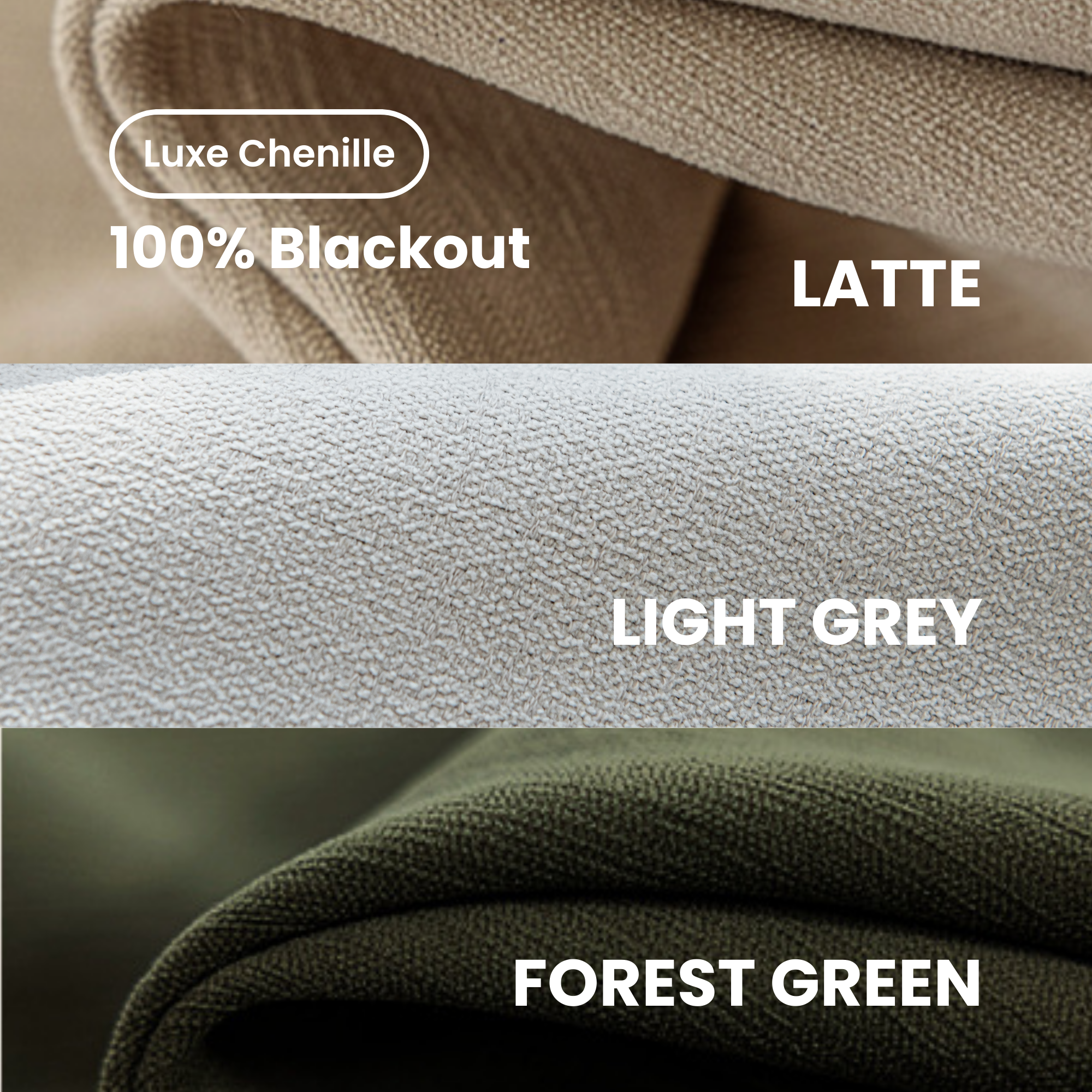 Close-up of Luxe Chenille fabric in Latte, Light Grey, and Forest Green with labels indicating color and material.