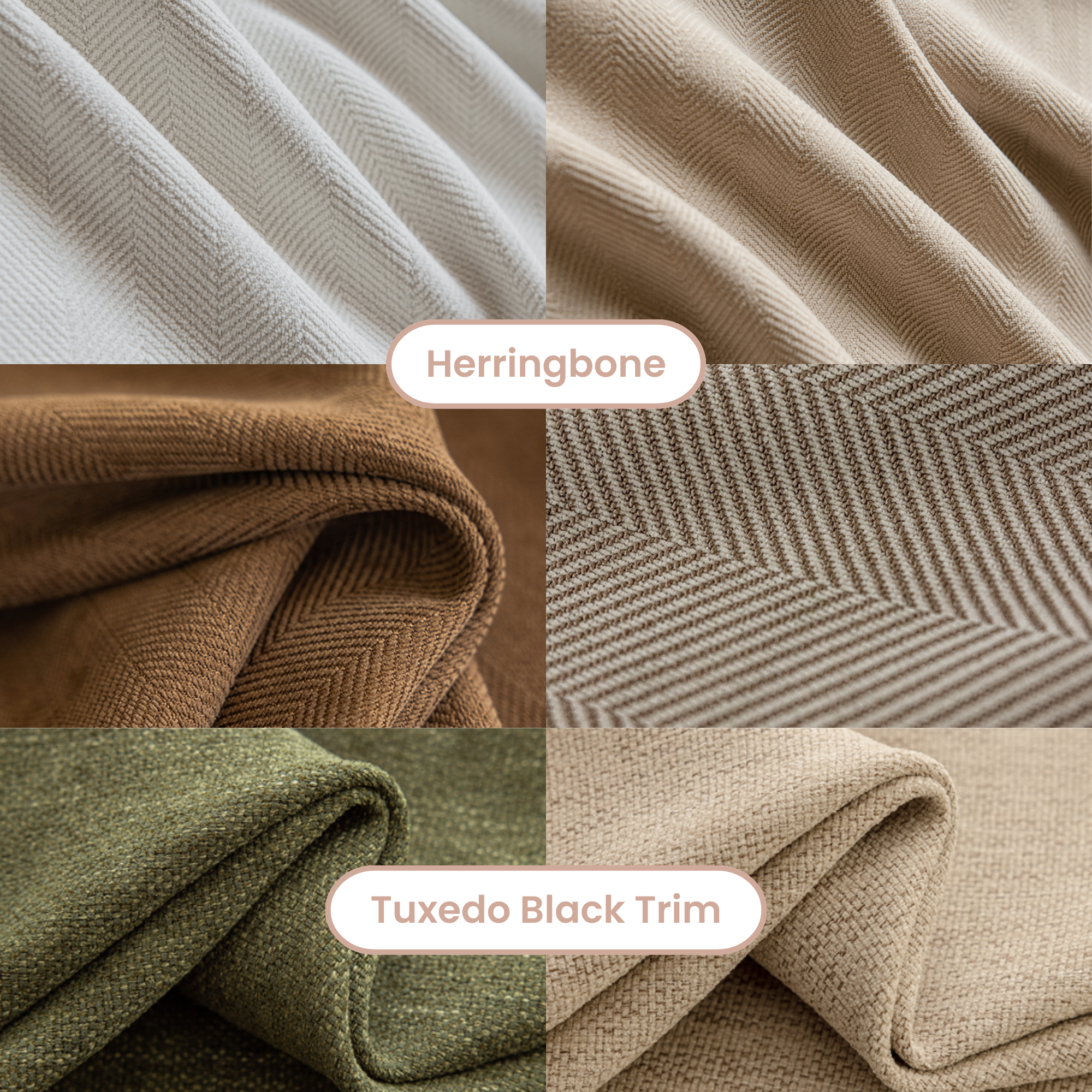 Collage of fabric swatches with herringbone and tuxedo black trim patterns.