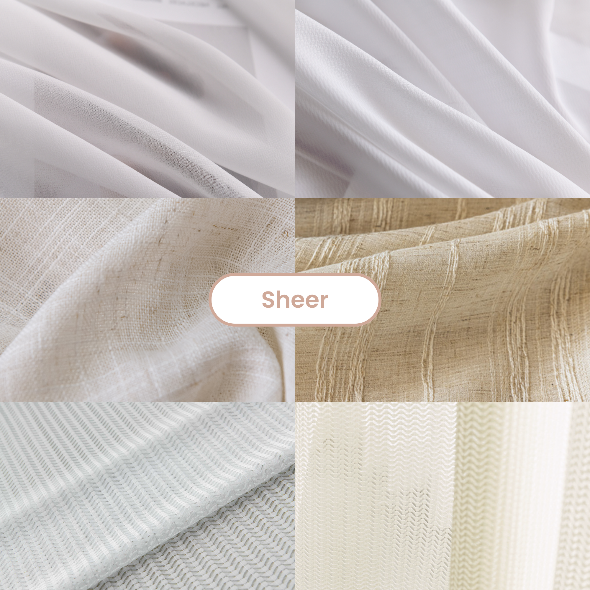 Collage of 6 fabric textures with a 'Sheer' label.
