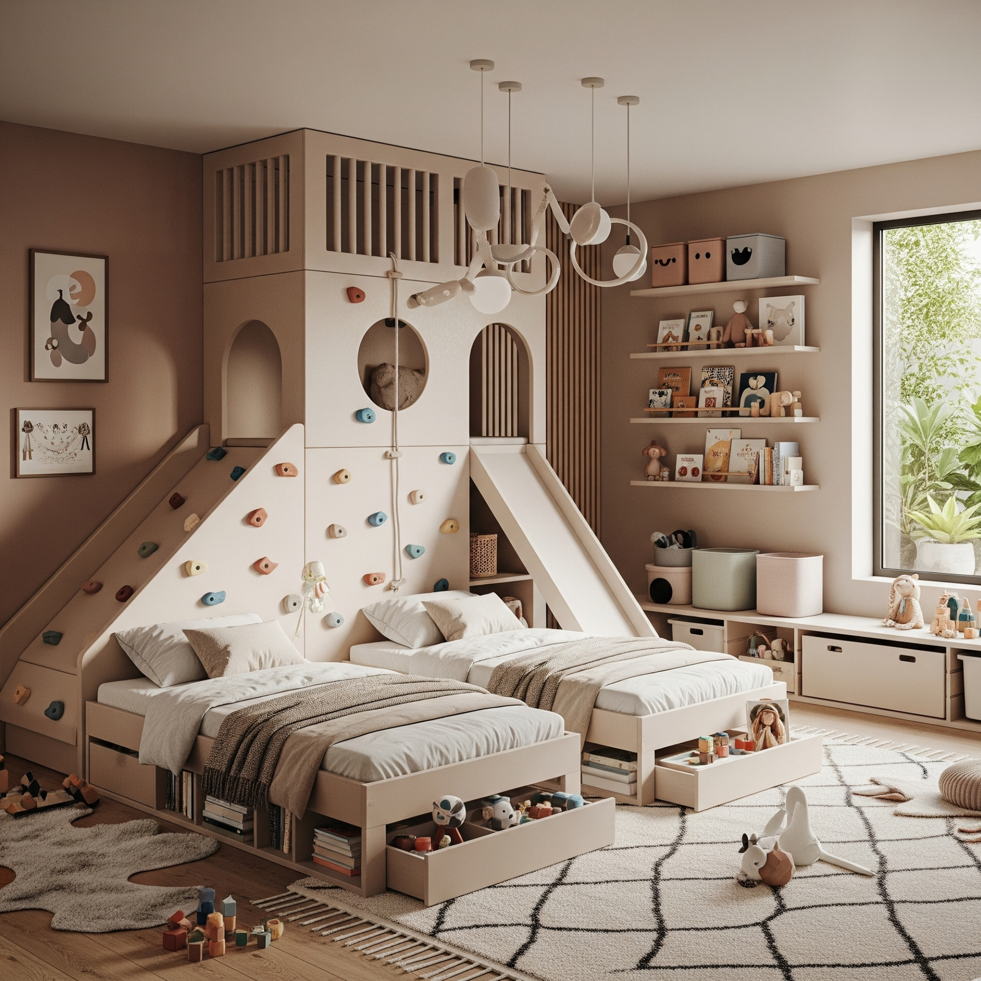 Children's bedroom for siblings with a playhouse bed, slide, and toys.